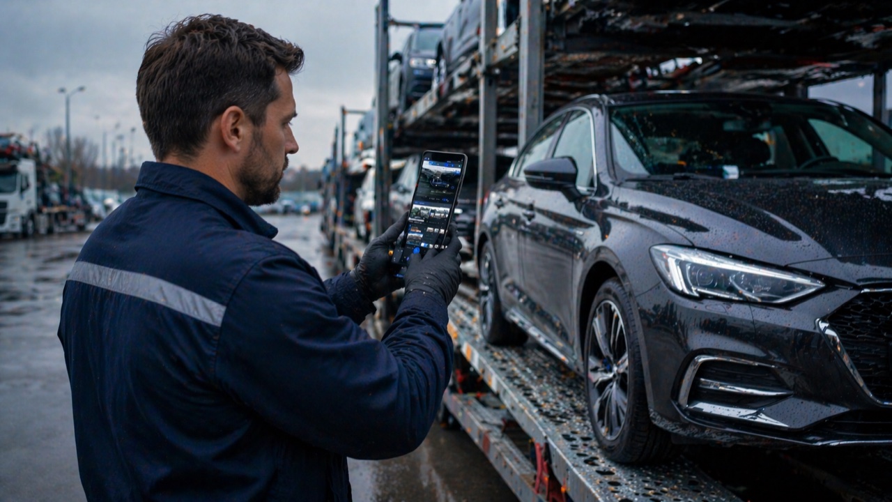 Водитель автовоза работает с приложением рядом с загруженным автовозом